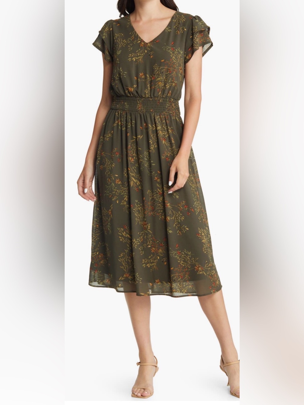 Chelsea28 Olive Green Floral Midi Dress with Smocked Waist Medium Like New